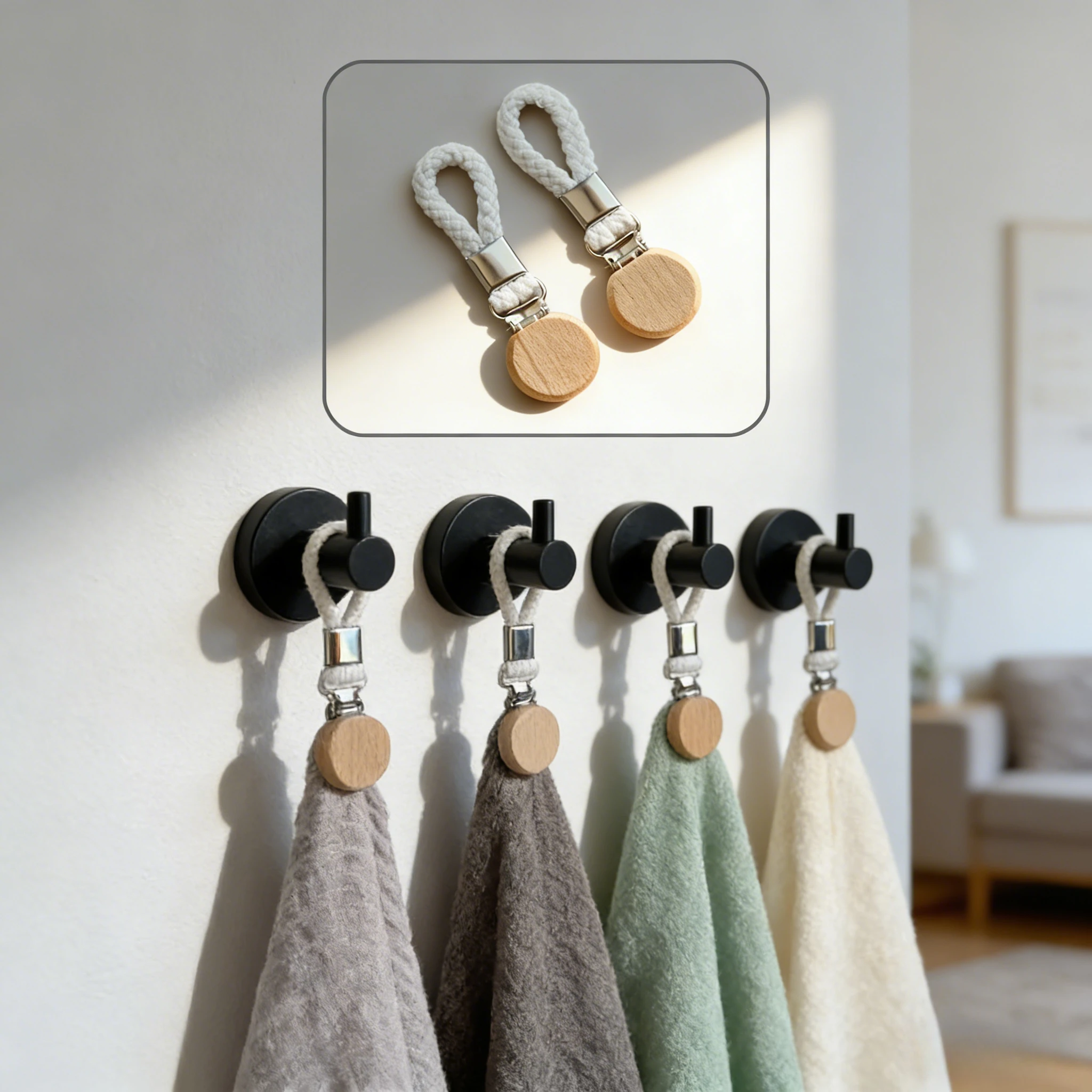 Clip multifuncional para toalla de cocina, sin perforaciones, cuerda tejida, cabezal redondo de madera de haya, clip para baño, 2 uds.
