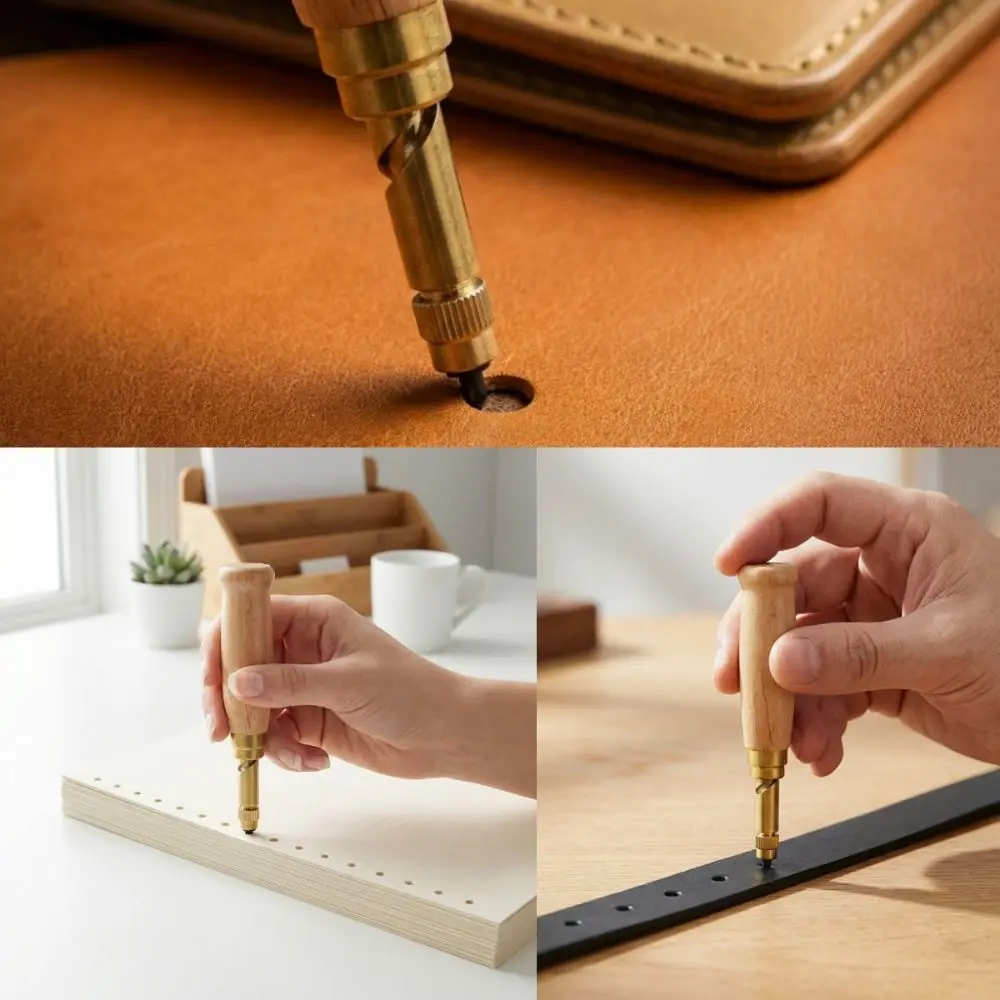 Adjustable Belt Hole Puncher 6 Tips Size Replaceable Multi-Head Leather Hole Punch Wooden Handle Semi-Automatic