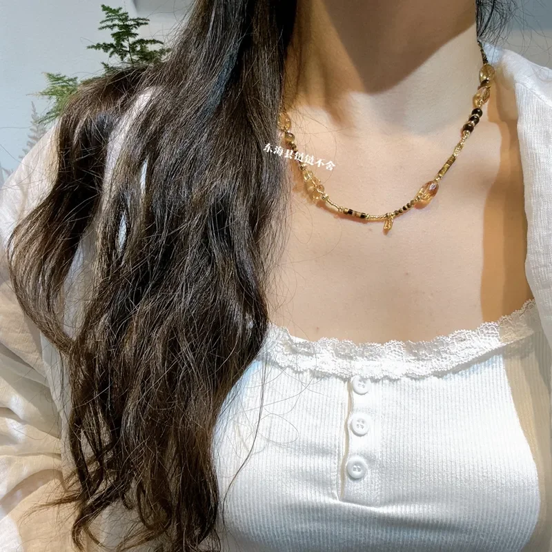 Sunset Melted Gold Black Brown Vintage Tiger's Eye Citrine Accompanying Necklace Maillard Ethnic Style