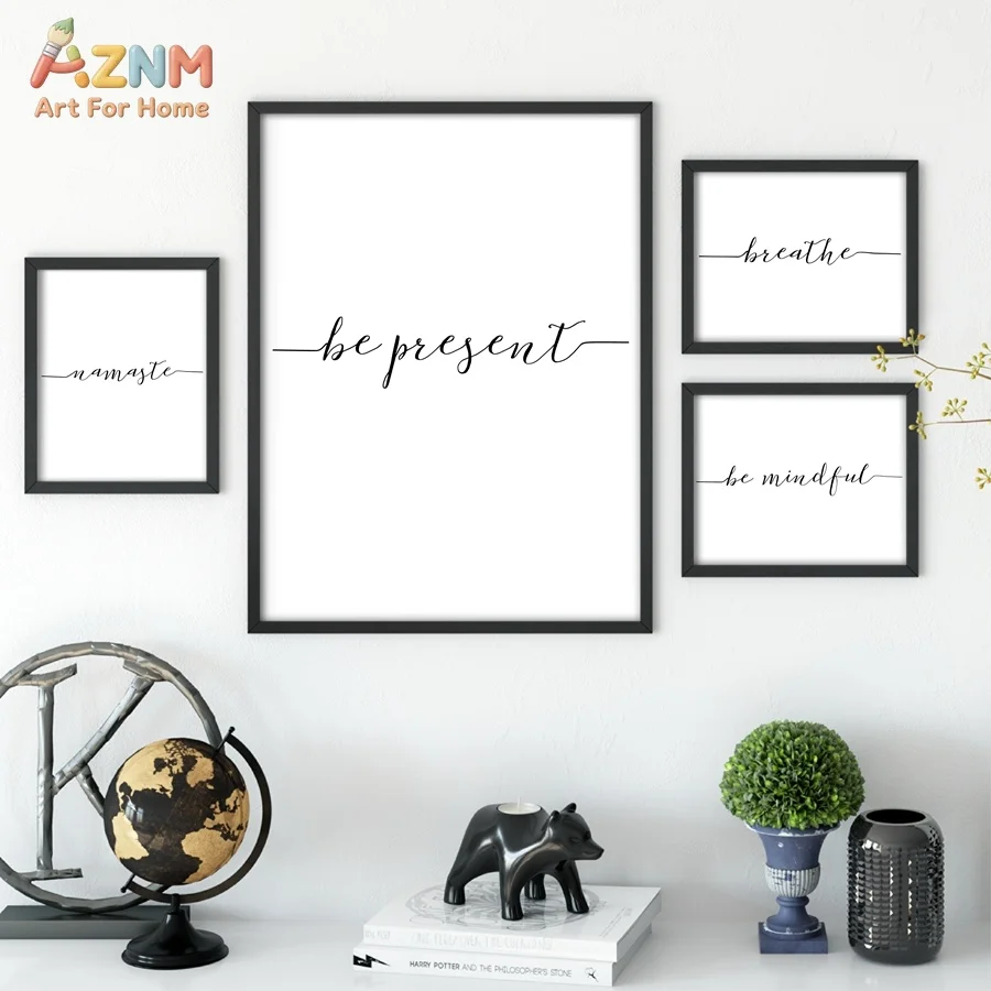 AZNM Frameless Canvas Poster Minimalist Black Script Text Print Namaste Be Present Breathe Be Mindful Wall Art Picture for Yoga