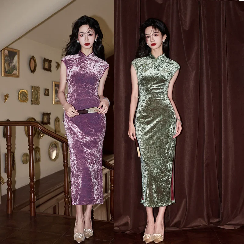 

Spring and Summer Qipao New Velvet Chinese Style Slim Fit Sexy Temperament Long Qipao Dress