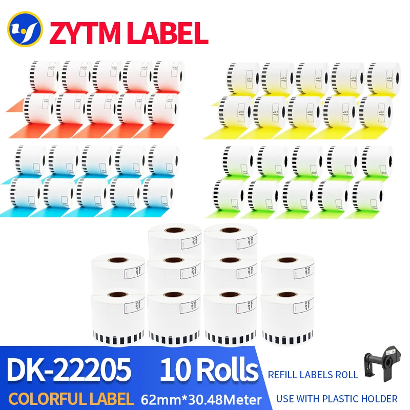10 Rolls Brother Compatible DK-22205/DK-44605 Label 62mm*30.48M Continuous for Thermal Printer QL-700/QL-800/QL-1100/QL-1110NWB