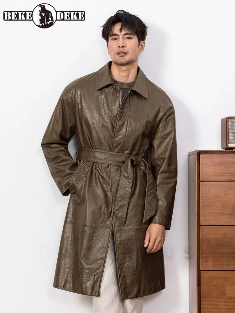 Autumn Winter Mens Genuine Leather Long Coat Vintage Overcoat Loose Turndown Collar Business Casual Office Men Cowskin Trench