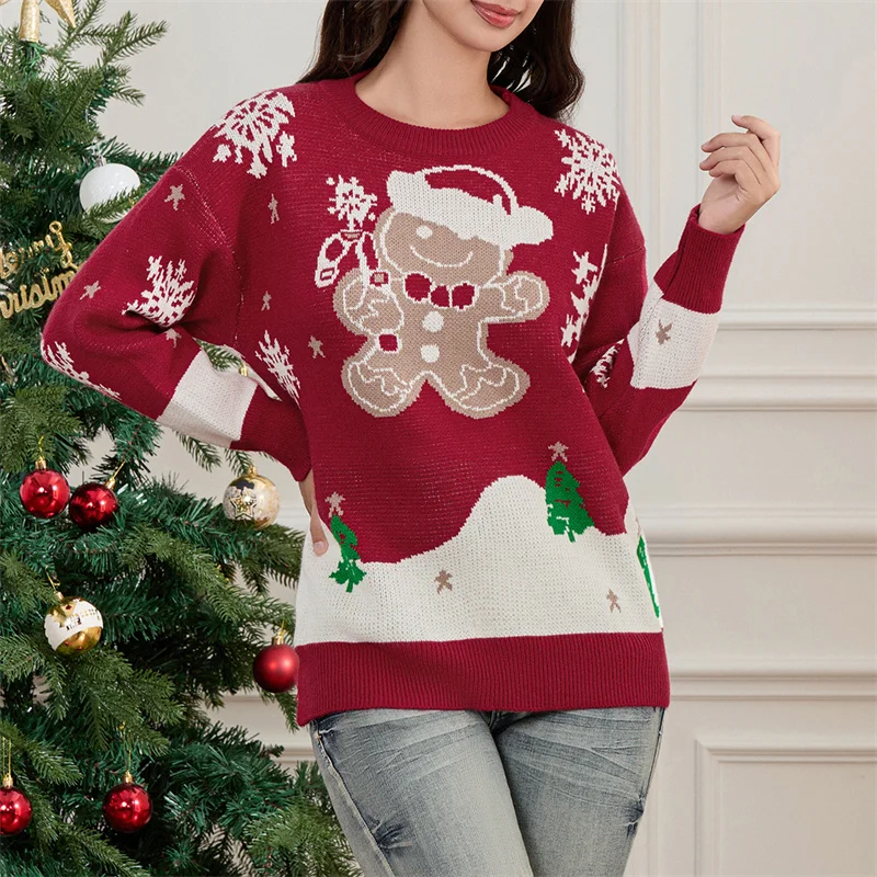 Dourbesty Women Christmas Gingerbread Print Sweaters Long Sleeve Round Neck Loose Casual Pullovers Knitted Tops 2024 Fall Jumper