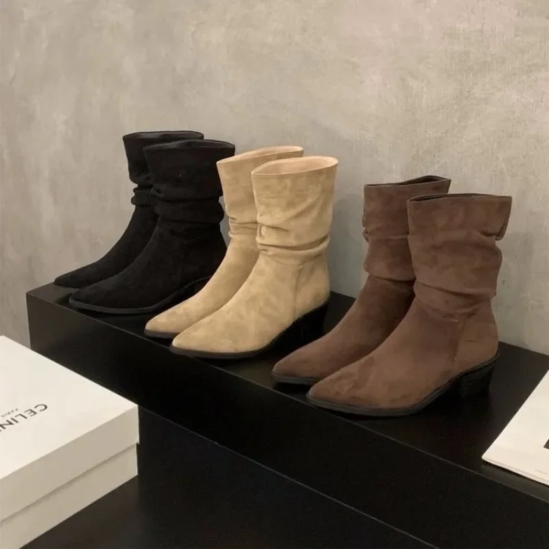 

Women's Shoes 2025 Spring and Autumn Suede Single Boots Stacked Boots Khaki New French Women's Shoes