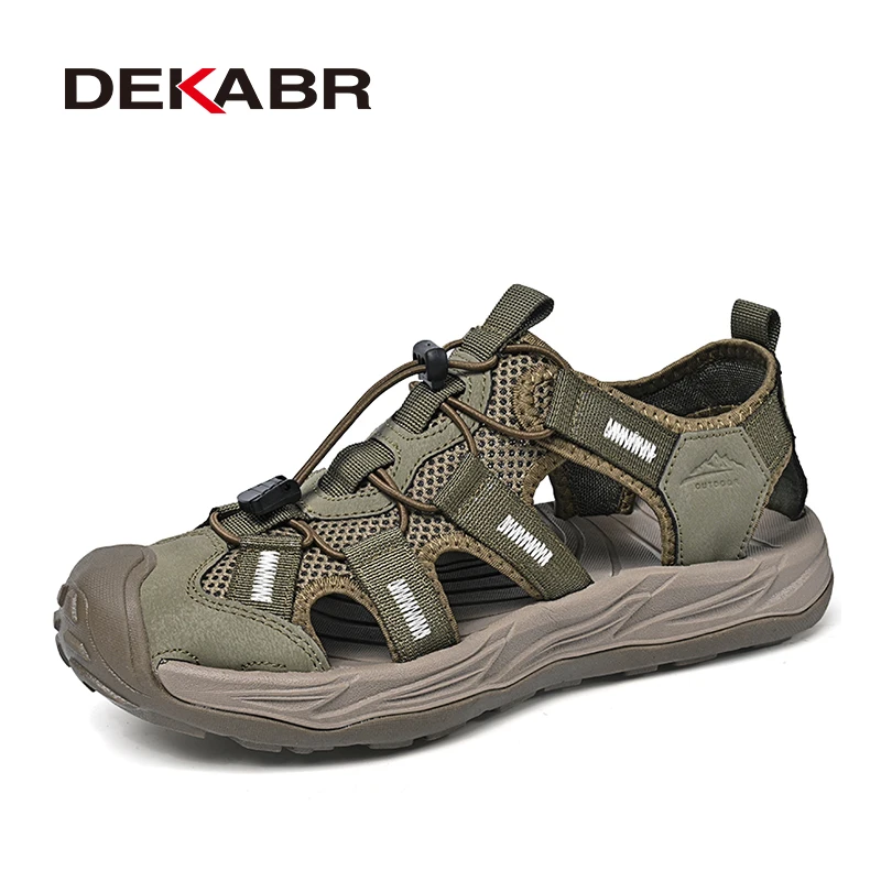 

DEKABR Men’s Summer Mesh Breathable Closed Toe Pu Leather Quick Release Drawstring Non Slip Shockproof Beach Sandals