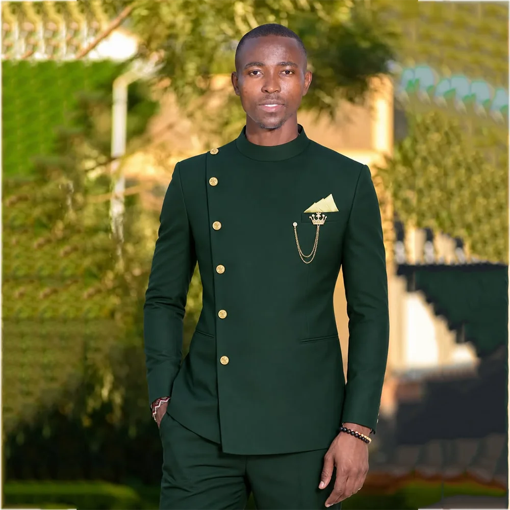 Dark Green Mandarin Collar 2 Piece Men Suits Formal Tuxedo Slim Fit Asymmetrical Single Breasted Blazer Pants Custom Made