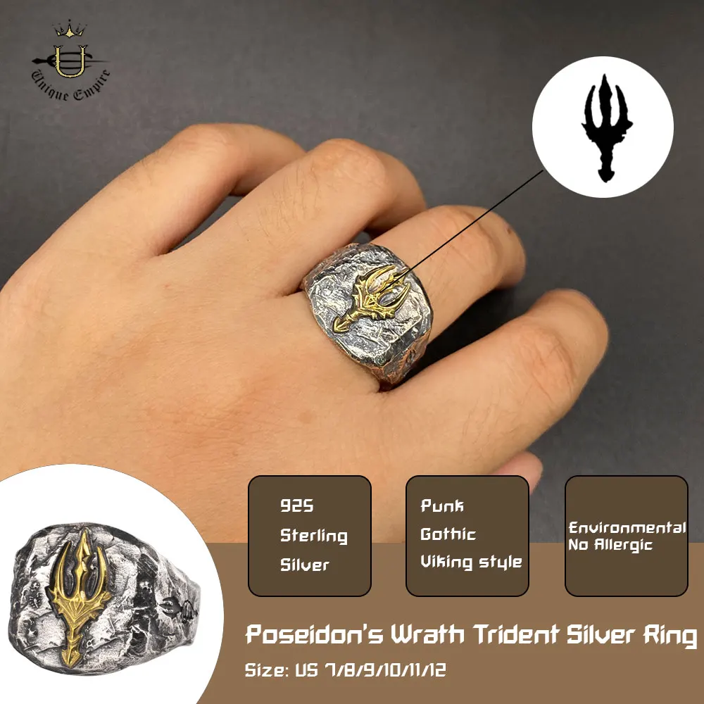 925 Silver Aquaman Trident Ring Trendy Poseidon Male God Adjustable Ring Gothic Biker Band Gift Jewelry