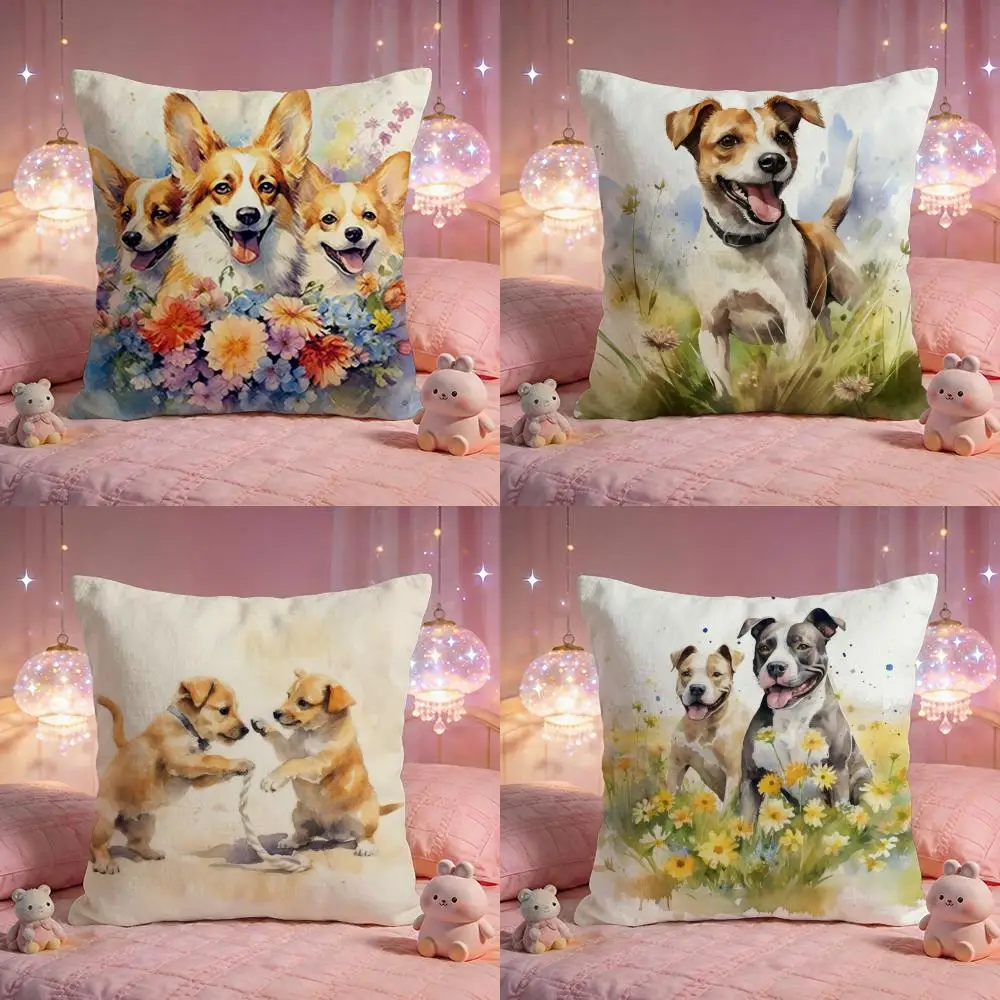 Cute Watercolor Pet Dog Cushion Cover Premium Comfort Reversible Pillow Cove -Two in One Design for Any Room & Car Interior