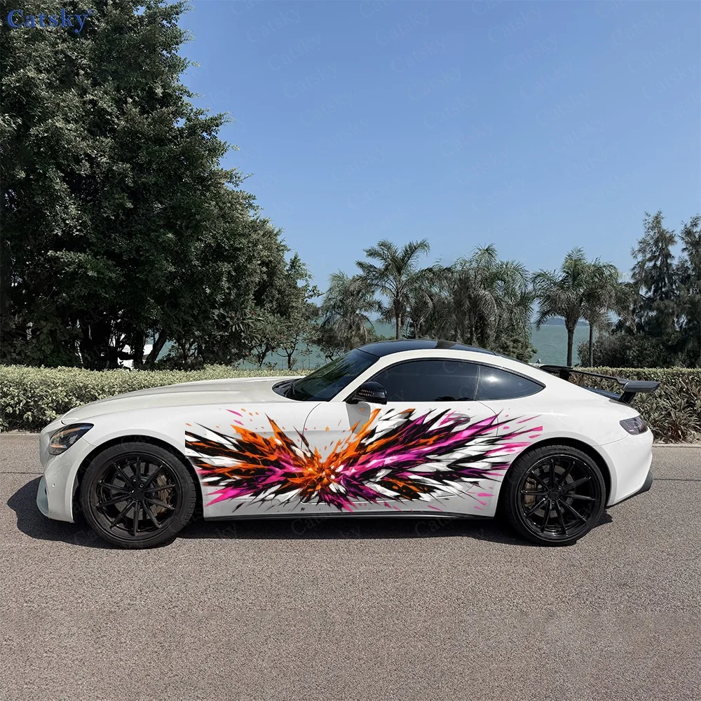 2Pcs Dynamic Orange and Pink Burst Design Car Side Stickers, Automotive Door Side Graphics for Cars, Car Decoration Accessory