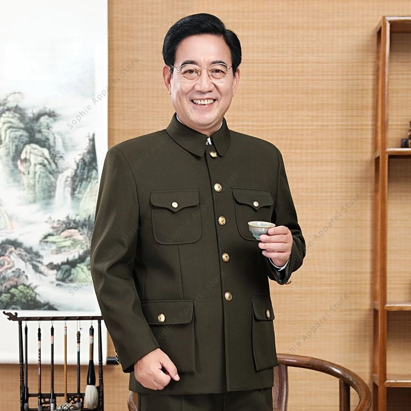 Mao Suit Zhongshan Sets Men Traditional Chinese Tang Costume Multiple Pockets Jacket Pants Mao Zedong Suits Gifts for Men Dad
