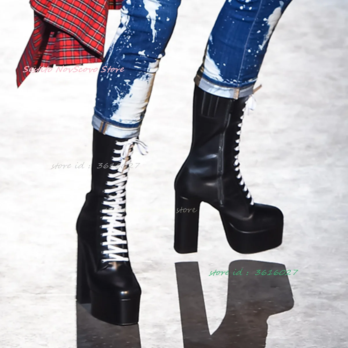 

Черные ботинки до середины икры на платформе с квадратным носком, классические модные женские повседневные кожаные ботинки на высоком каблуке со шнуровкой, танцевальная обувь