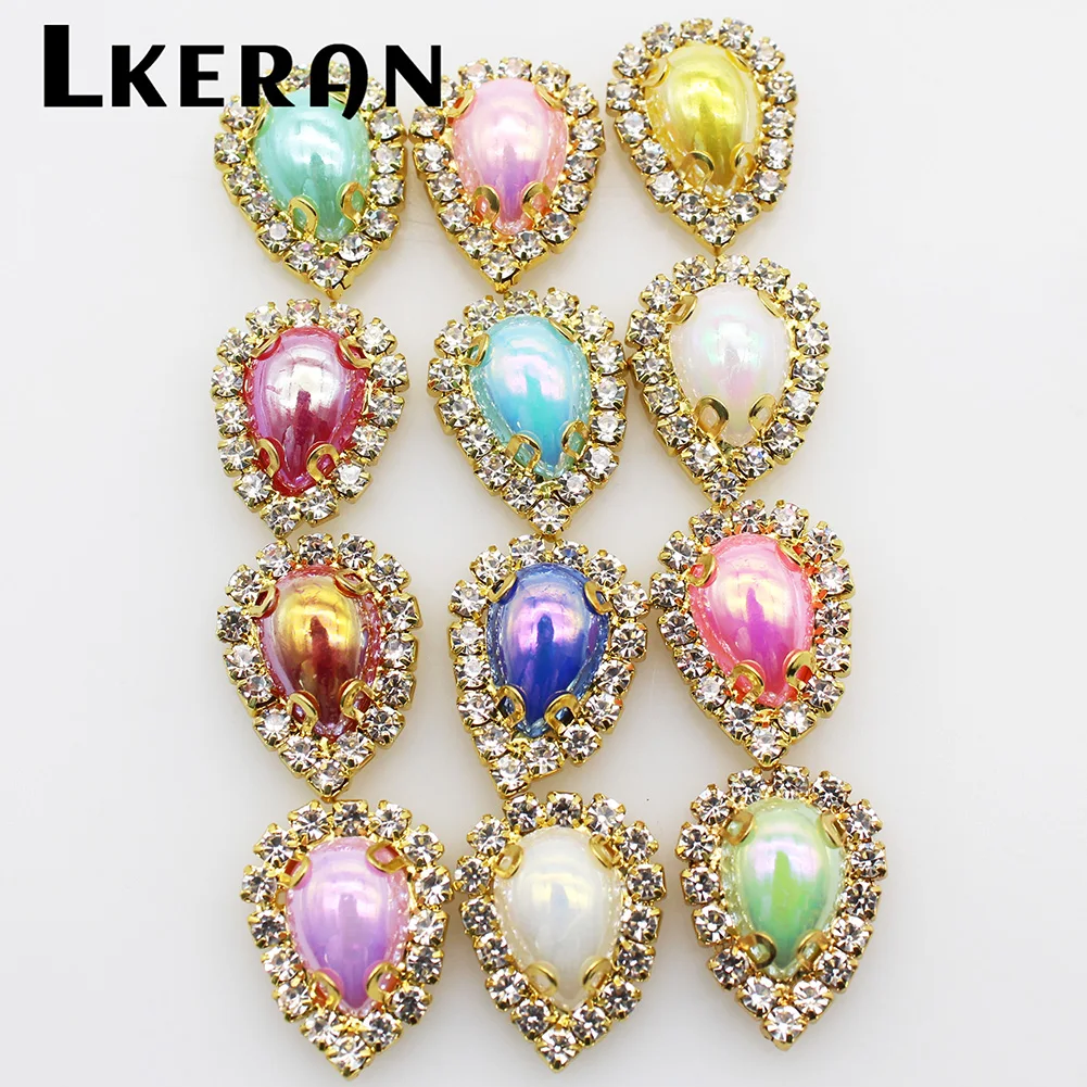 LKERAN 16*20mm 10pcs 4-Hole AB Pearl Buttons Gold Metal Craft DIY Sewing Decorative Clothing Button Accessories
