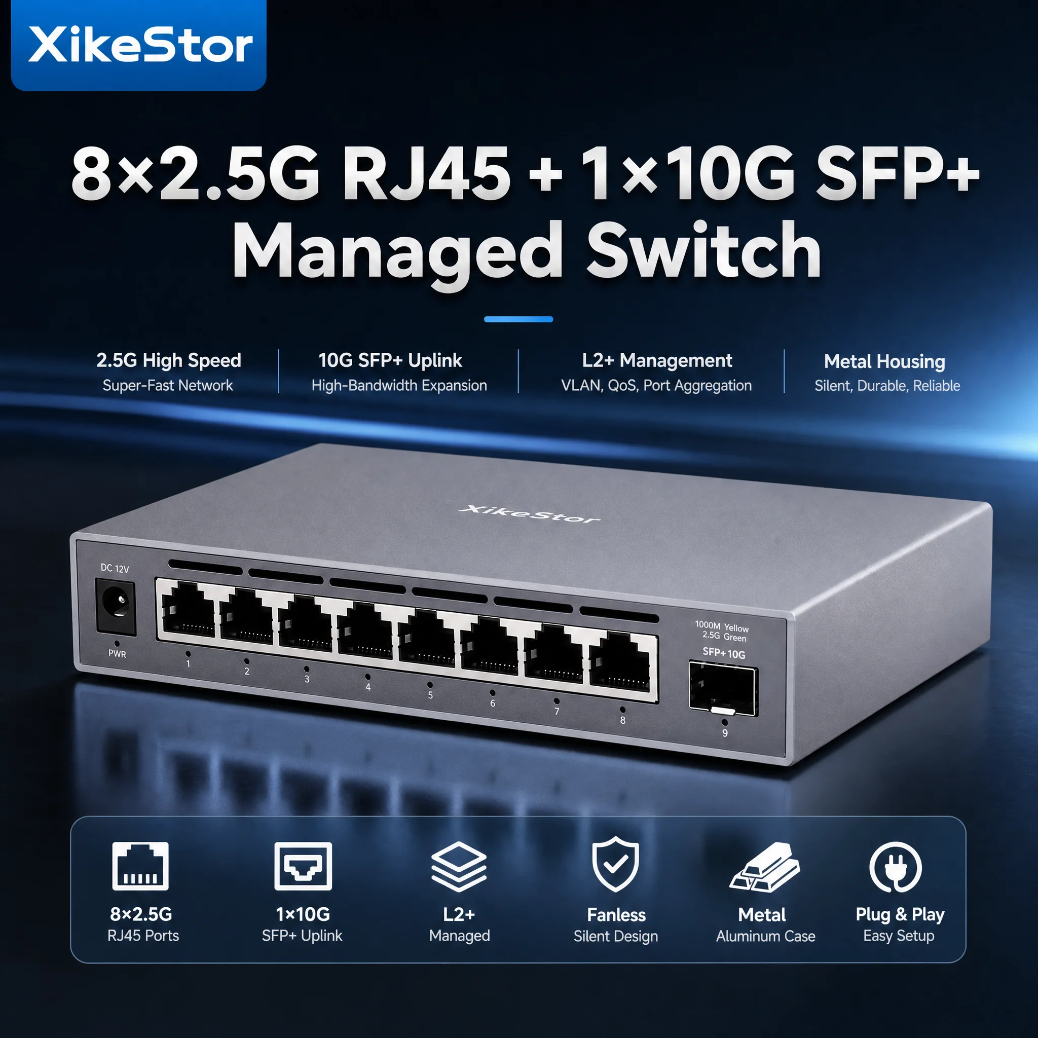 2.5G Managed Switch, 8x2.5G RJ45 + 10G SFP+ Uplink, Easy Web Smart VLAN & Link Aggregation, Multi-Gig Ethernet Switch for Home