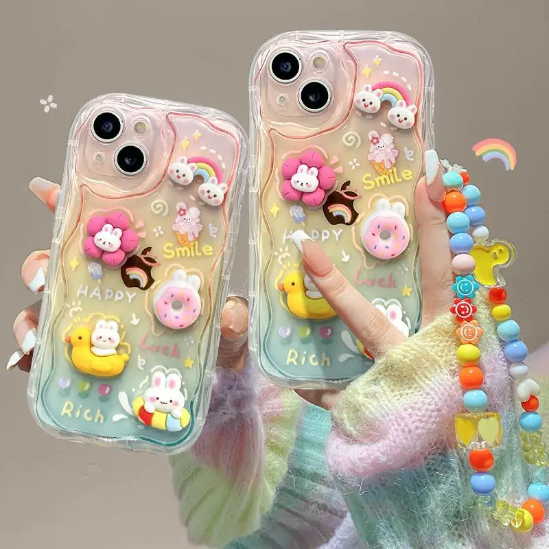 For iphone16 16pro Phonecase Colorful Cute Rabbit Case Cover with chain for Iphone 15 15pro 15promax 14 14pro 13 13pro 13promax