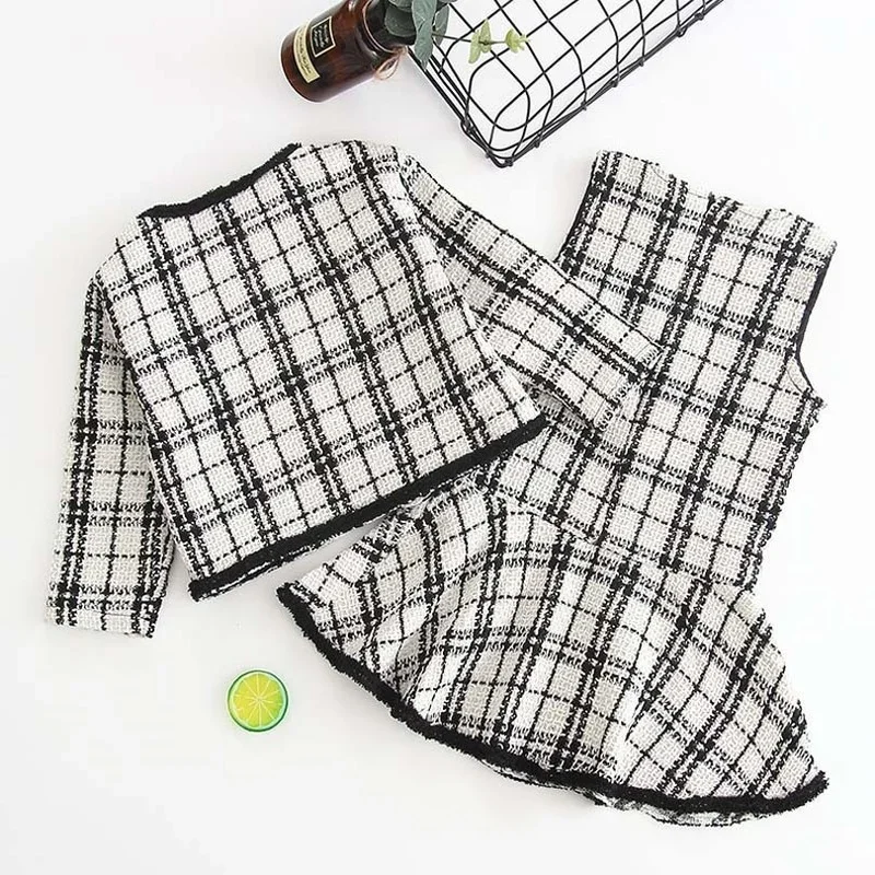 2024 Autumn Winter New Black and White Plaid Woolen Coat 2PCS Girls Fragrance Vest Dresses + Jackets Suits Baby Girl Clothes