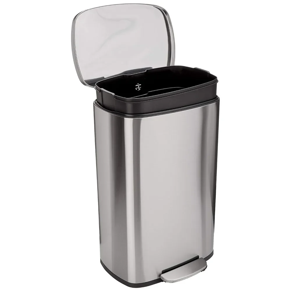 

Smudge Resistant Rectangular Trash Can with Soft Close Lid Foot Pedal Removable Inner Bucket 50 Liter Brushed Stainless Steel