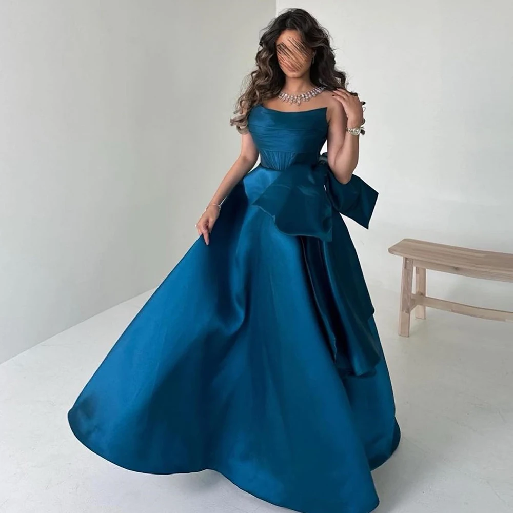 Modern Women Prom Dress Blue Exquisite A-Line Evening Dress O-neck Bow Satin Sleeveless Floor Length Pleats Saudi Arabia