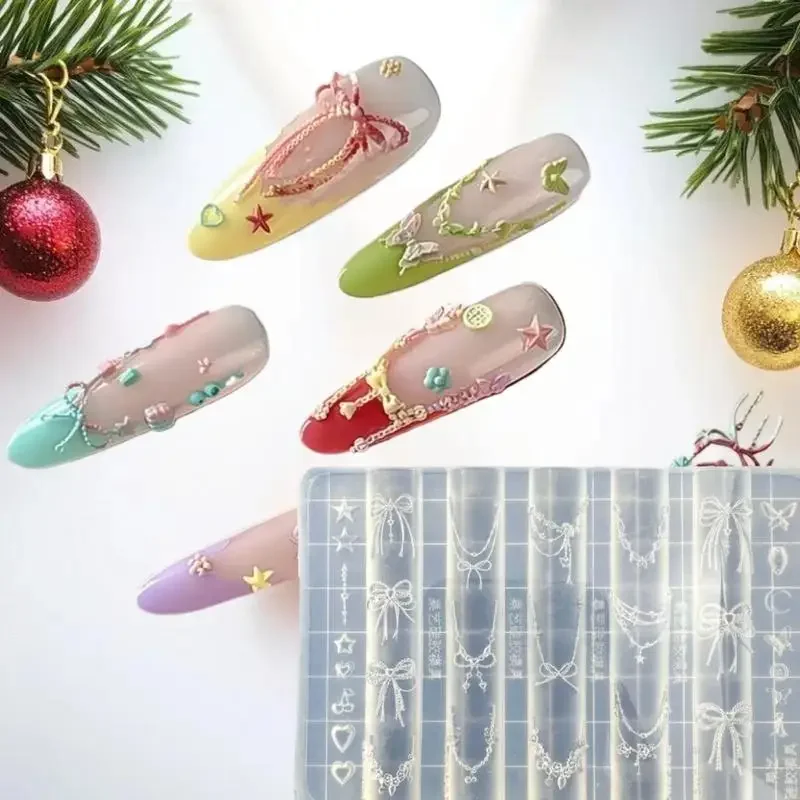 Crea bellissime nail art con stampo per unghie in silicone 3D con osso di draghi - Modelli di catene a stella, fiori e fiocchi di fiocco