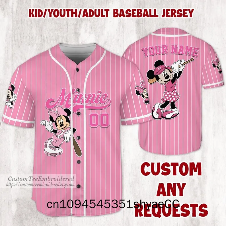 Custom Minnie Mouse Baseball Jersey, Disney Minnie Baseball Jersey , Custom Name Number Adult /Youth/ Kid Baseball Jersey