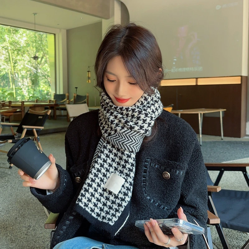 

New Korean Version Double-sided Thousand Bird Grid Knitted Scarf Student Couple Warm Scarf Autumn and Winter Thickened