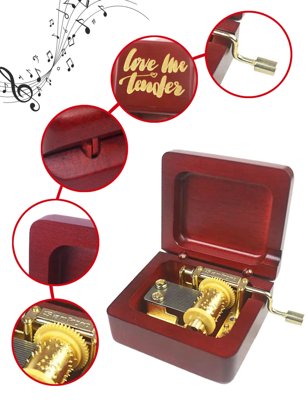 SOFTALK Love me tender Wine Red Hand operated Solid Wood Music Box Birthday, Christmas, Valentine's Day Gift