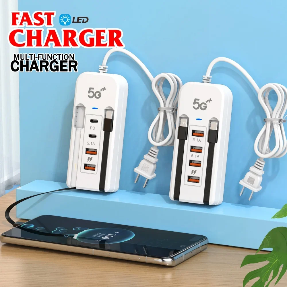 4 USB Charger 66W PD Type C Fast Charging Power Socket USB Hub Adapter Type C Cable For iPhone Samsung Xiaomi Quick Wall Charger image 5