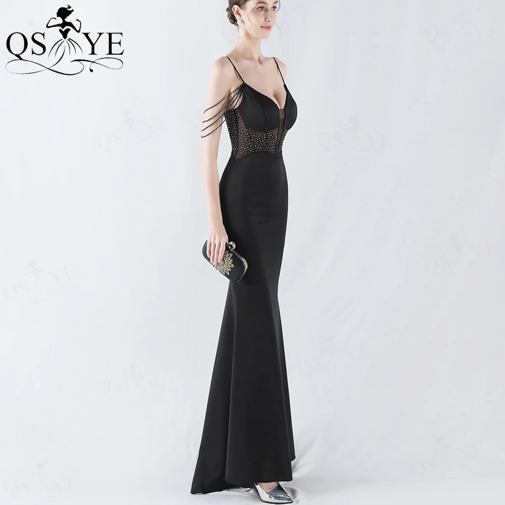 QSYYE Black Evening Dresses Hot Drill Sequin Waist Full Mermaid Formal Gown Beaded Straps Sweep Train Backless Prom Party Dress