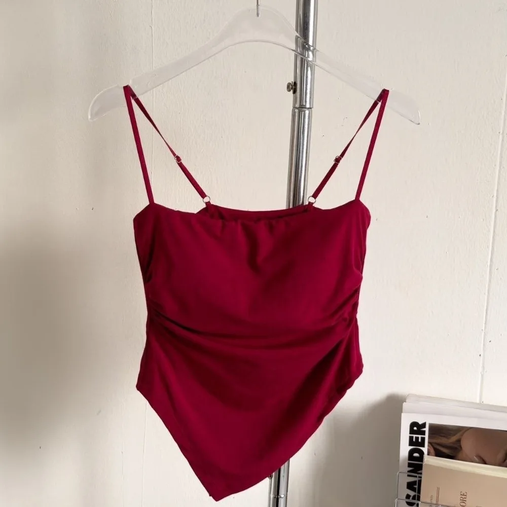 

New Irregular Hot Girl Tank Top Solid Color Off-the-shoulder Neckline Women's Padded Backless Top Folds Summer Camisole