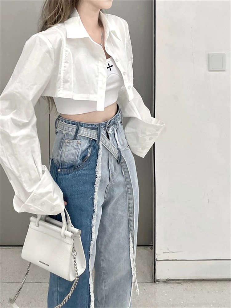 New Spring Autumn Streetwear Harajuku Punk Gothic Hot Girl Blue Stitching Ragged Pants Fashion High Waist Loose Large Size Pants