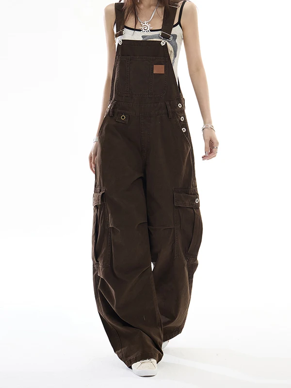 Loose Women's Denim Overalls Coffee Color Wide Leg Floor Length Pants Early Autumn New Design Casual Comfortable Cotton Jeans