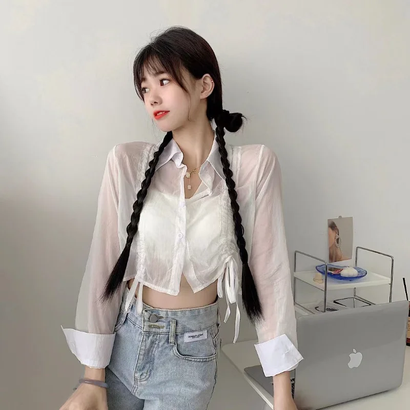 White Shirts Women Literary Simple Sun-proof Thin Summer Hotsweet Sheer Female Graceful Korean Style Loose Breathable All-match