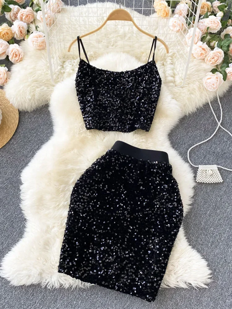 Women Europe The United States Summer Sequins Backless Suspenders Short Tops Waist Thin Skirt Two-piece Suit Female D0801