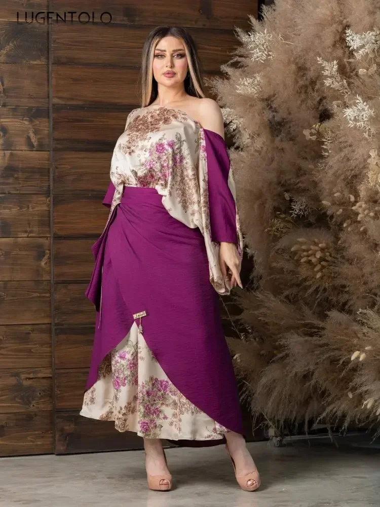Abito da donna con grembiule sexy Abito da festa in 2 pezzi Grande altalena Stampa viola Petto avvolto Manica lunga Lady Empire Legant Medio Oriente Abbigliamento