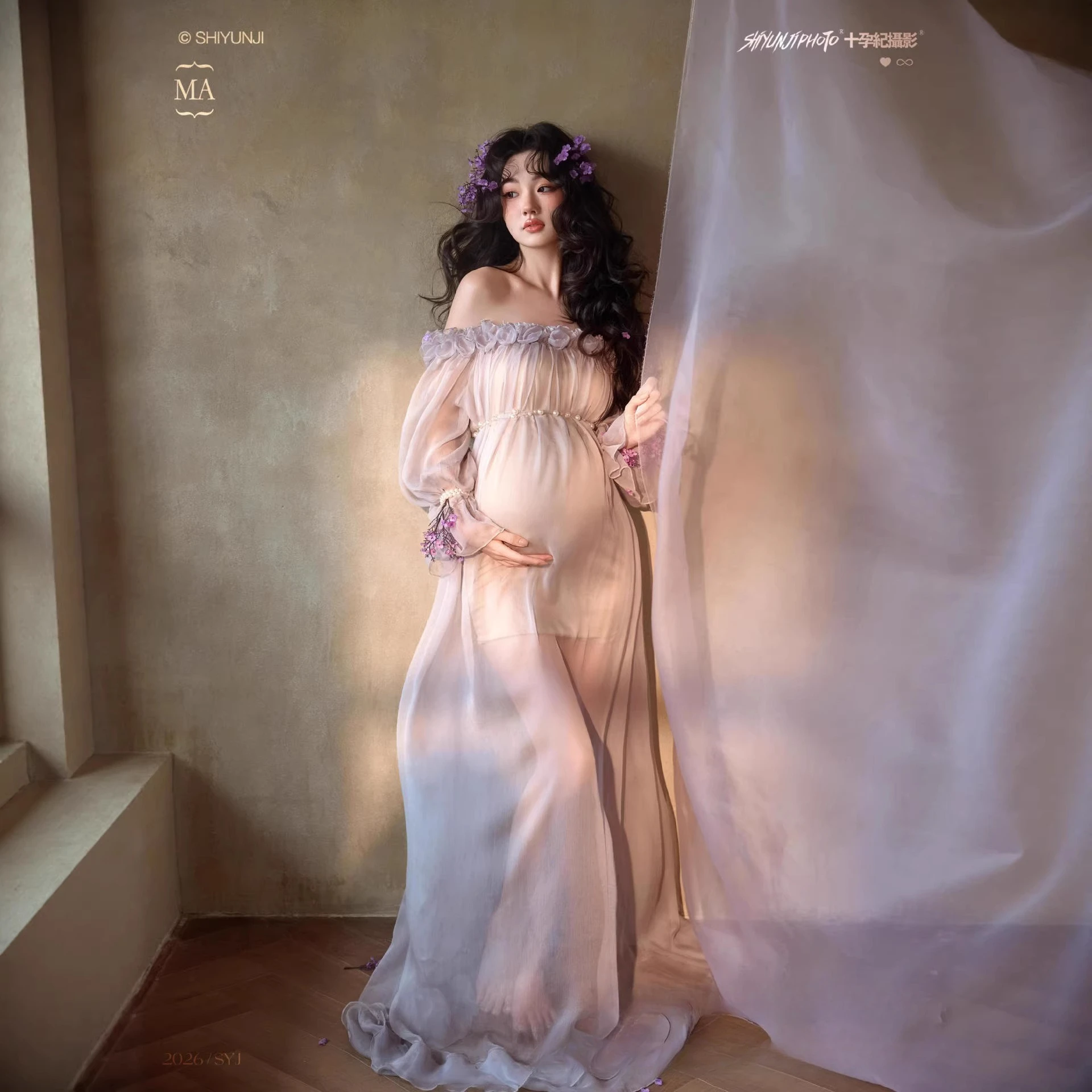 Women Maternity Dress for Photography Retro Elegant Off-shoulder Perspective Pregancy Clothes for Studio Photo Shoot Clothing