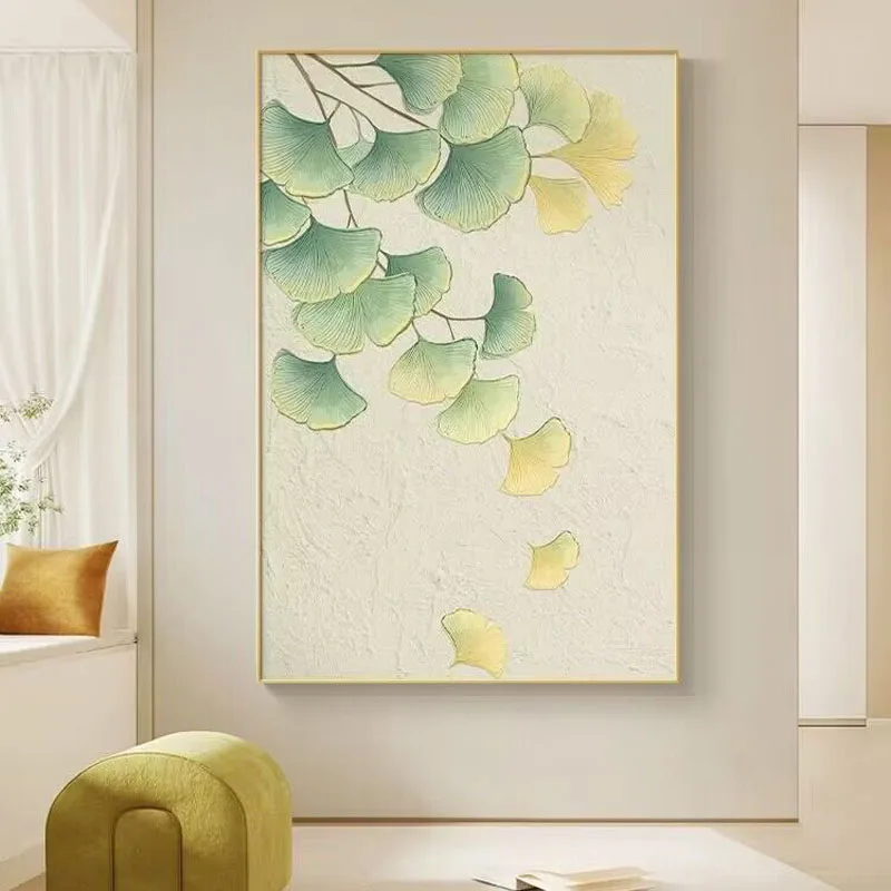 2024 New Cream Style Ginkgo Leaves Pure Hand Drawn Oil Painting Living Room Room Decoration Painting Corridor Murals Restaurant