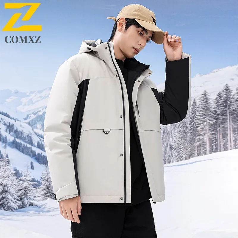 COMXZ Men Cotton Padded Jacket Solid Color Hooded Tool Waterproof Thick Warm Travel Padding Coat Snowy Windproof Puffer Jackets