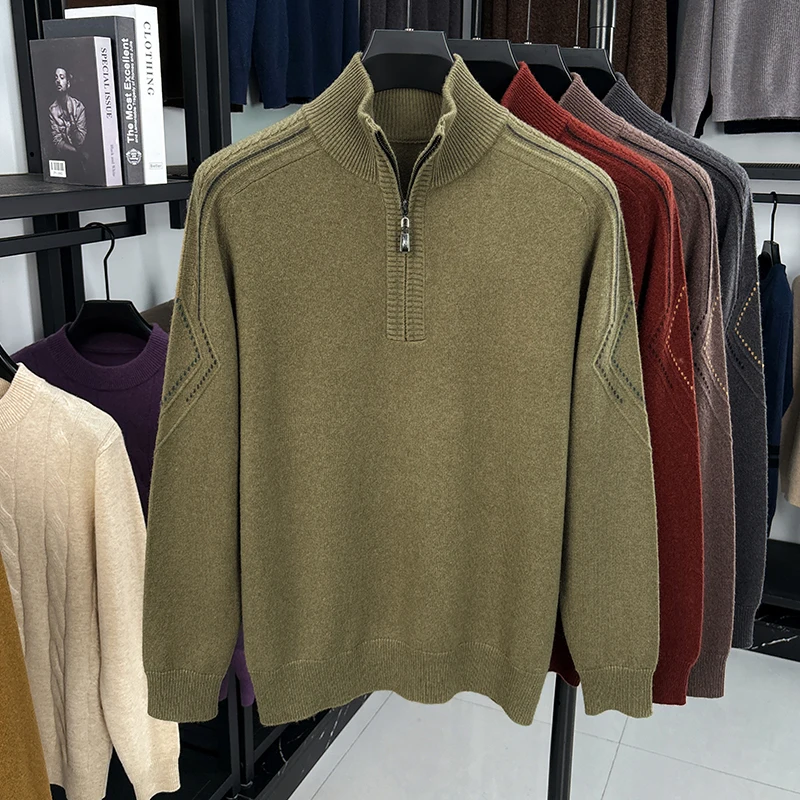 เสื้อผ้าถักไหมแคชเมียร์แพะสำหรับผู้ชาย แฟชั่นฤดูใบไม้ร่วงฤดูหนาว 2025 เสื้อสเวตเตอร์ซิปผู้ชาย เสื้อถักขนแกะ แขนยาว อุ่น