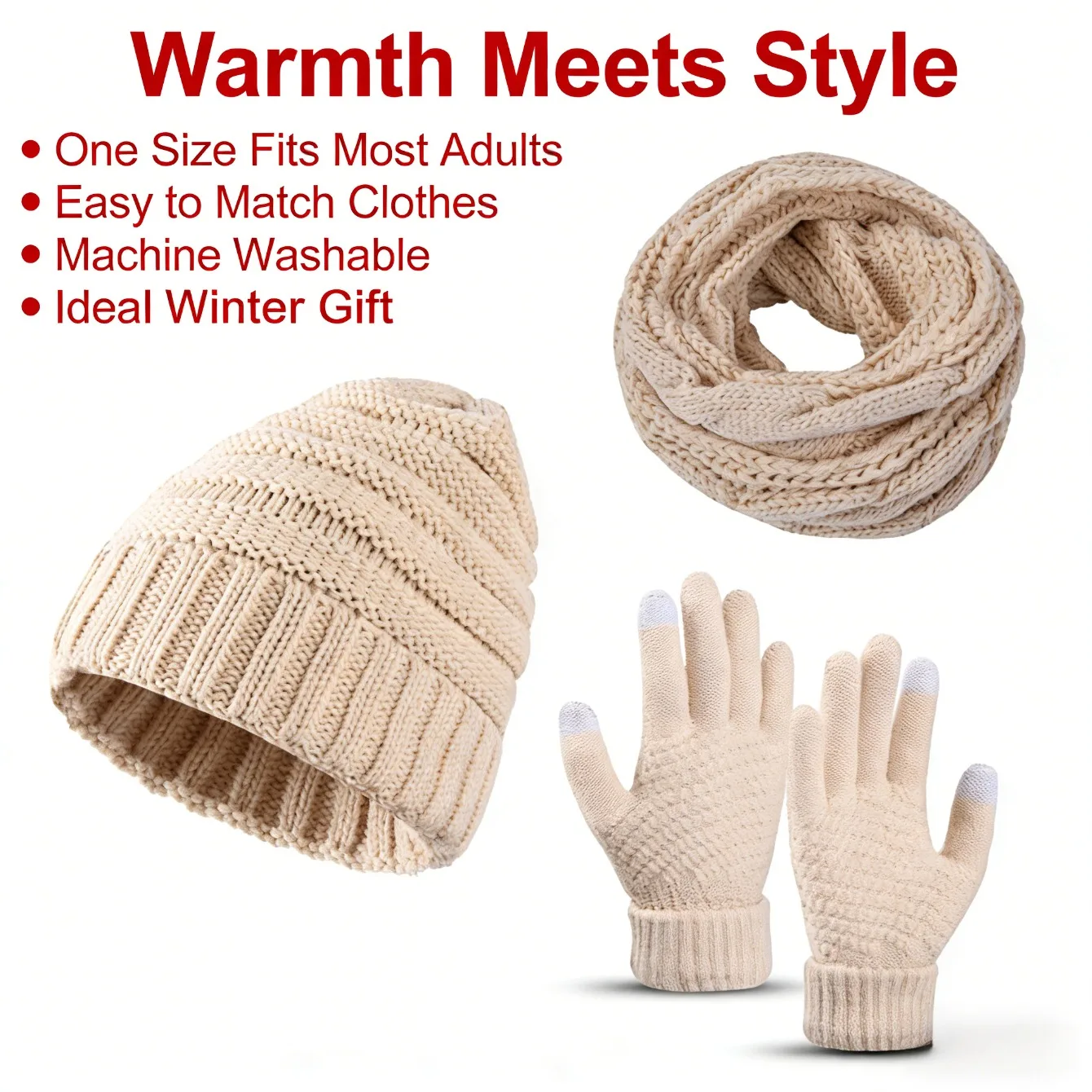 Knitted Three Piece Set Skin Friendly Acrylic Yarn Winter Commuting And Shopping One Size