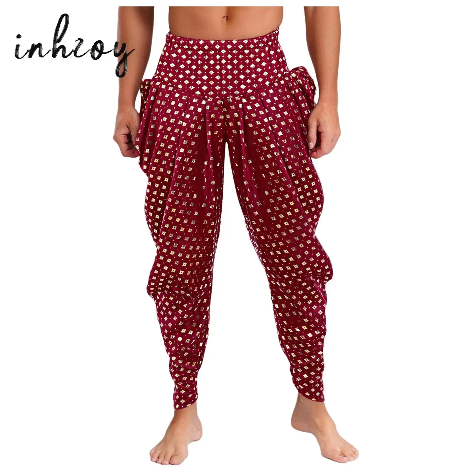 

Men Metallic Floral Printed Satin Dhoti Pants Traditional Indian Ethnic Clothing Halloween Theme Party Costume Pleated Trousers