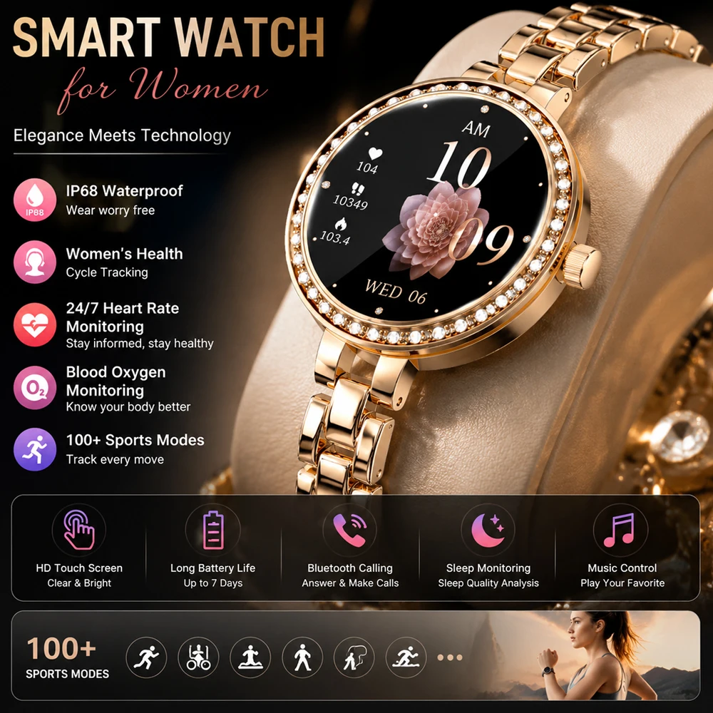 2026 Neue Mode-Smartwatch für Frauen Herzfrequenz-Blutsauerstoff-Menstruationszyklus-Tracking Wasserdichtes Gesundheitsüberwachungs-Smartarmband