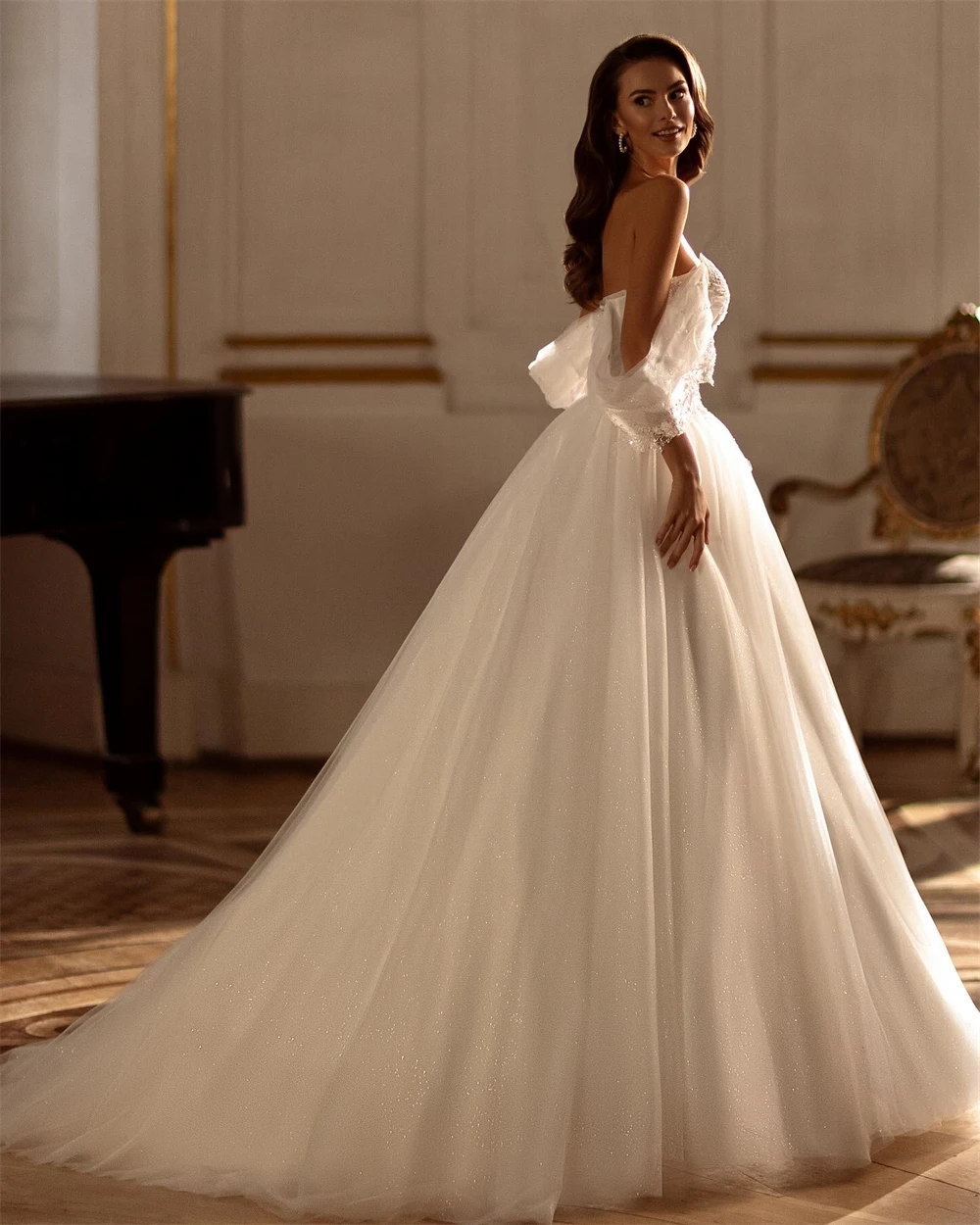 تخصيص مثير الأبيض الأورجانزا فستان الزفاف لينة الحبيب قبالة الكتف فستان زفاف بوهو ألف خط ذيل محكمة رداء دي mariée