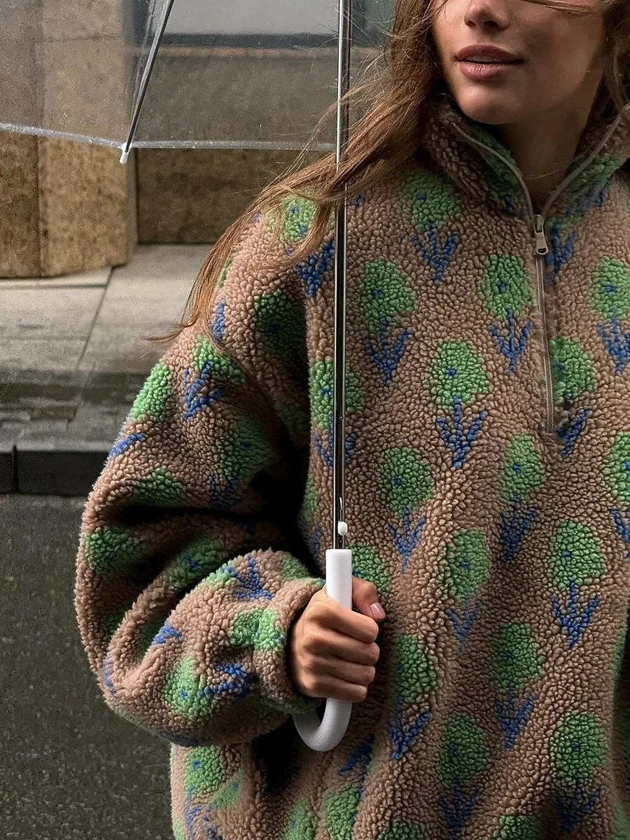 Bornladies Damen Herbst Winter Neuer Fleece-Jacquard-Sweatshirt mit halbem Reißverschluss, lockerer Kapuzenpullover mit hohem Kragen. – Detail 7
