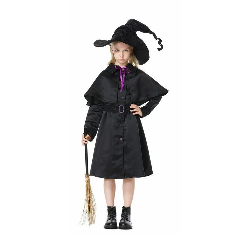 

Children Girls Witch Dress with Hat Belt and Witch Cape Set Halloween Wizard Gothic Costume Cosplay Black