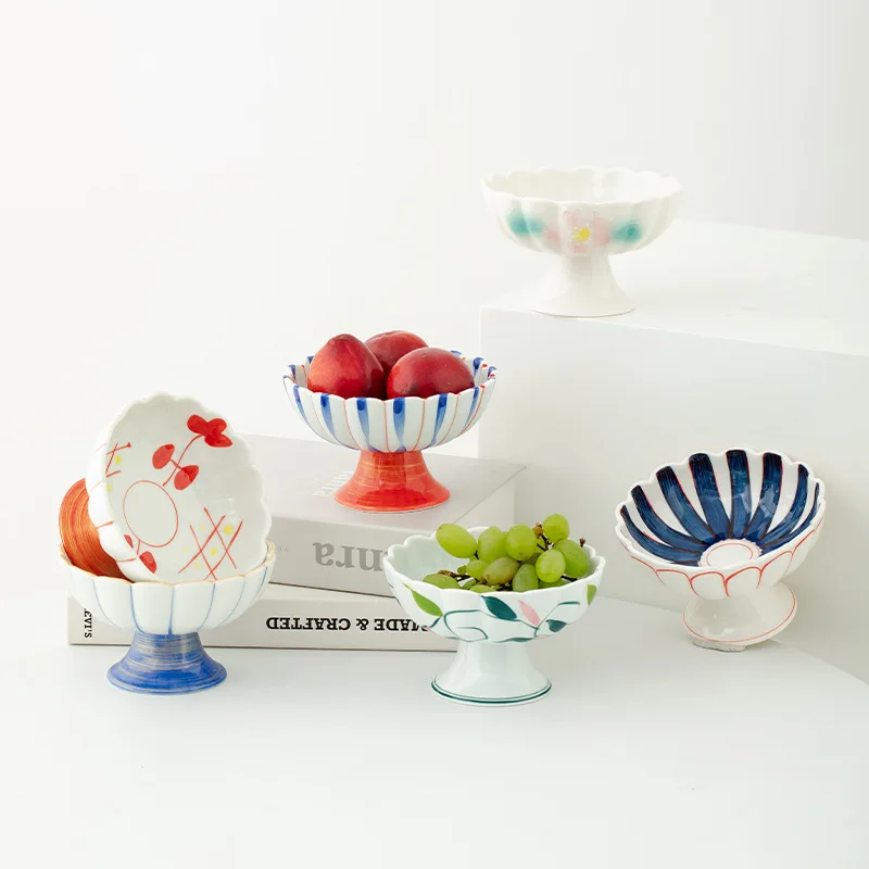 Frutero de Cerámica Pintado a Mano con Borde Festoneado, Plato para Servir Frutos Secos con Base Alta, Bandeja Decorativa Oriental para Mesa de Centro