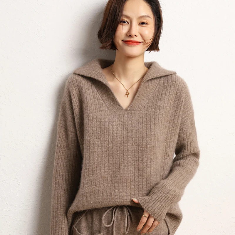 2023 Autumn Winter 100% Cashmere Sweater Turn-down Collar Knit Pullover Women\'s High Quality Soft Female Loose Large Size Jumper