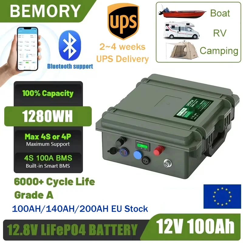 LiFePO4 12V 100Ah 140Ah 200Ah Battery 12.8V Fishing Battery With Bluetooth Grand A Cells EU Stock UPS Delivery