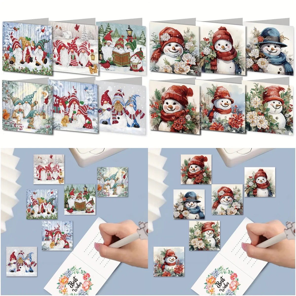 6 Stück/Set DIY Diamant-Kunst-Weihnachtskarten zum Schreiben von Wünschen, Zwergen und Schneemann, Diamant-Malerei-Grußkarten für Weihnachten, Neujahr