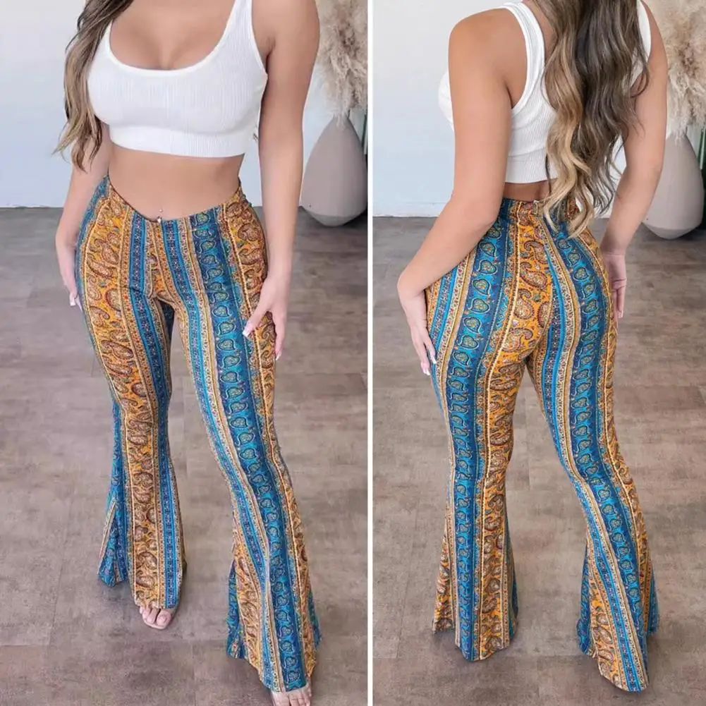 

Women Pants Ethnic Style Floral Print Long Flared Pants Retro High Elastic Sexy Casual Trousers Streetwear