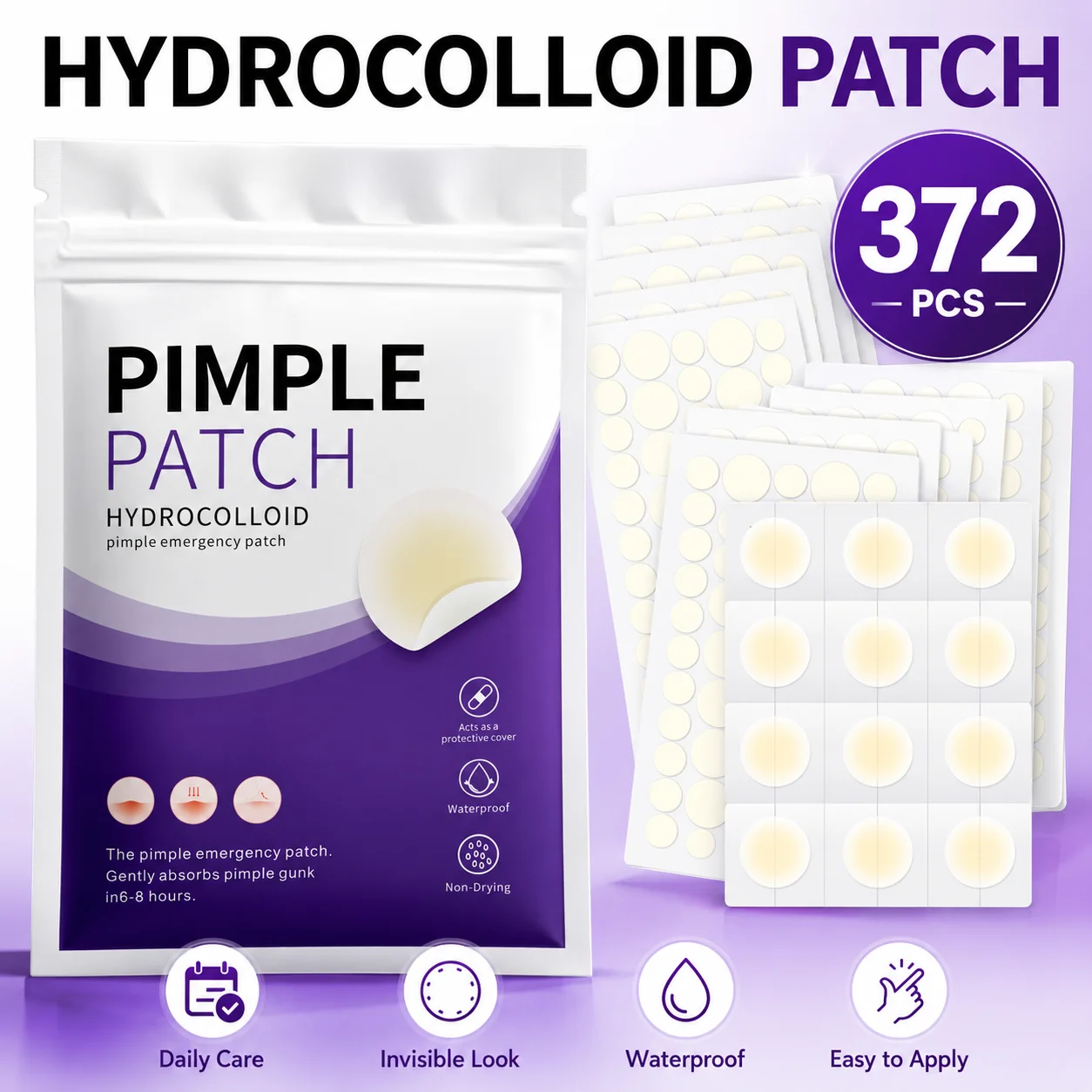 372pcs  Hydrocolloid Acne Pimple Patch, Hydrocolloid Spot Stickers, Covering Zits and Defect, Nighttime Spot Stickers for Face